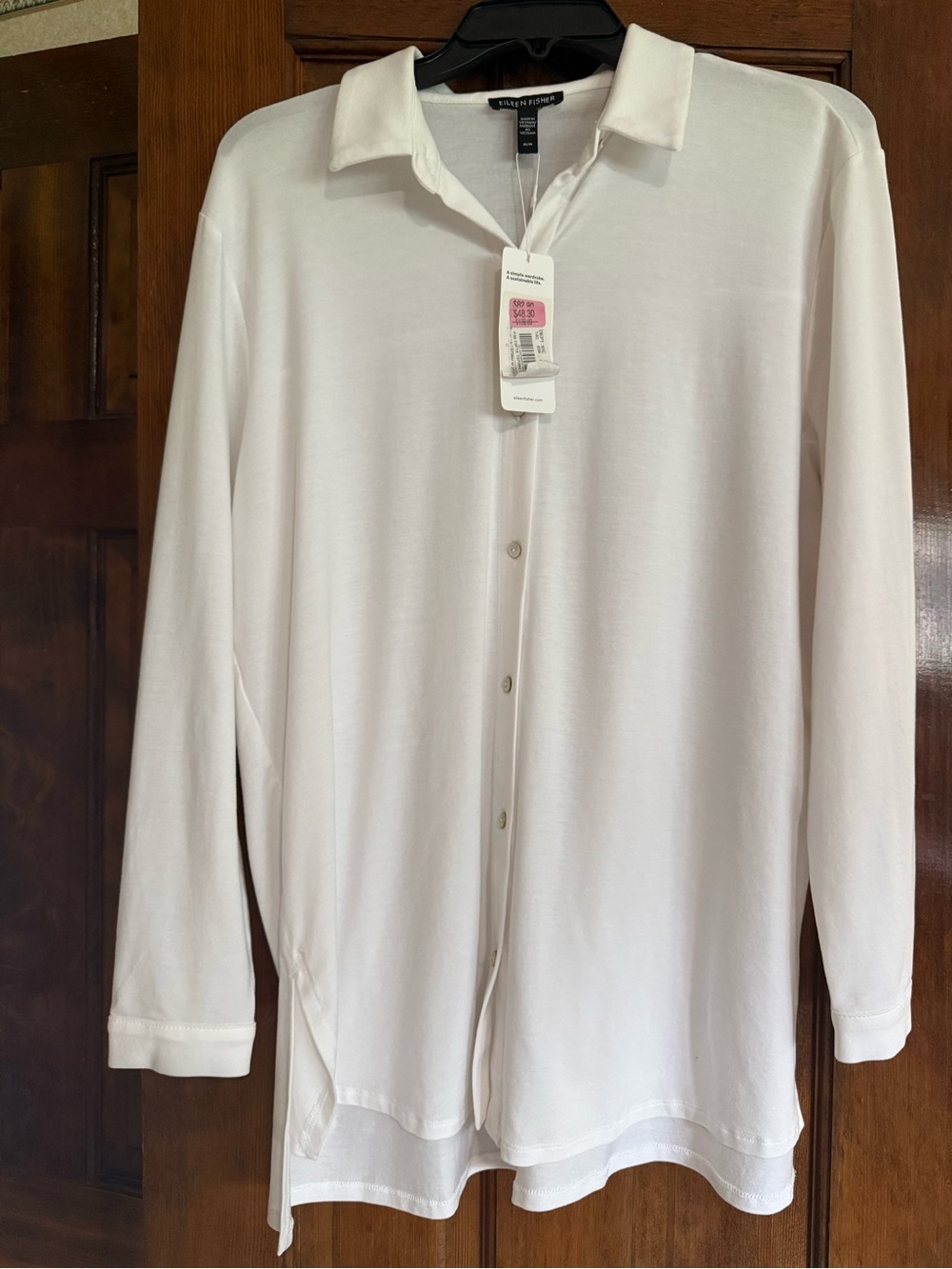 Eileen Fisher White Button-Front Collared Jersey Top M